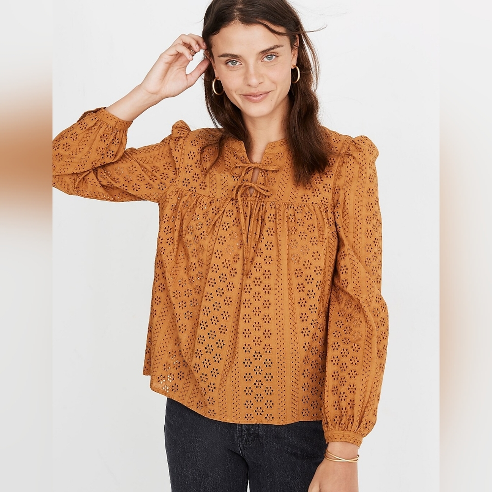 Madewll Eyelet Double Tie Peasant Blouse in Rust
